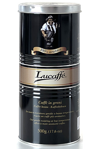 Lucaffe coffee beans canister with a black background