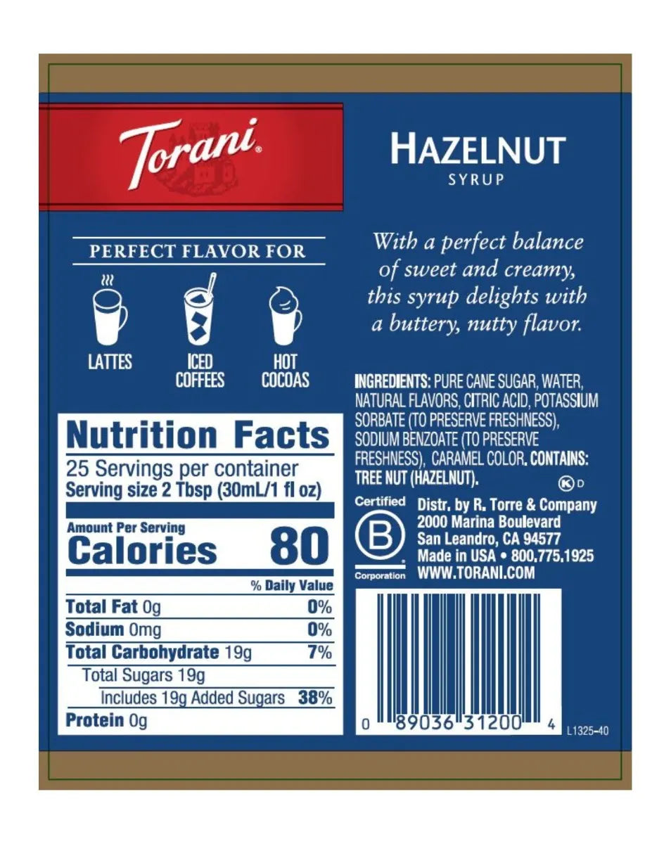 Torani Syrup Hazelnut Classic 750ml