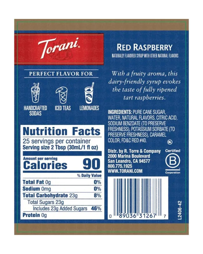 Torani Syrup Red Raspberry (Dairy Friendly) 750ml