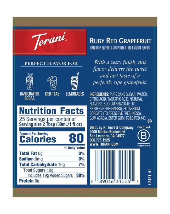 Torani Syrup Ruby Red Grapefruit 750ml