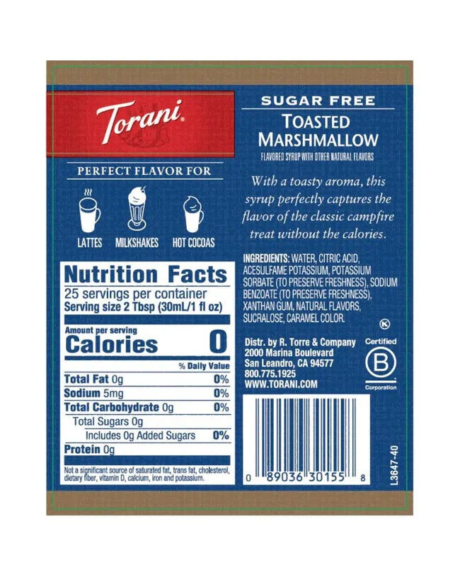 Torani Sugar Free Syrup Toasted Marshmallow 750ml