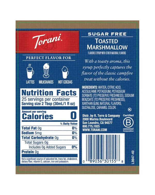Torani Sugar Free Syrup Toasted Marshmallow 750ml