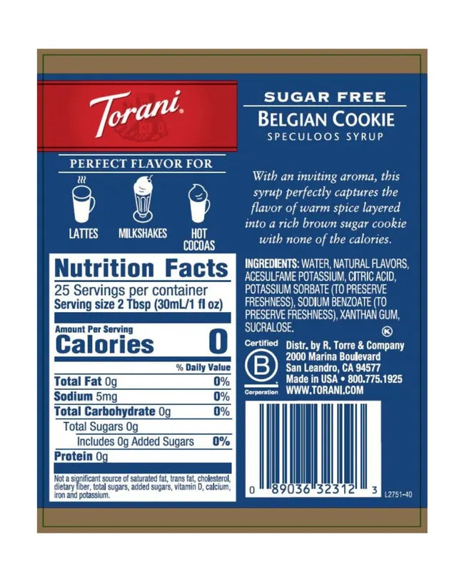 Torani Sugar Free Syrup Belgian Cookie 750ml