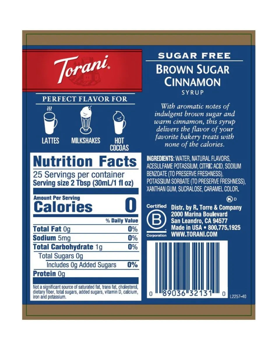 Torani Sugar Free Syrup Brown Sugar Cinnamon 750ml