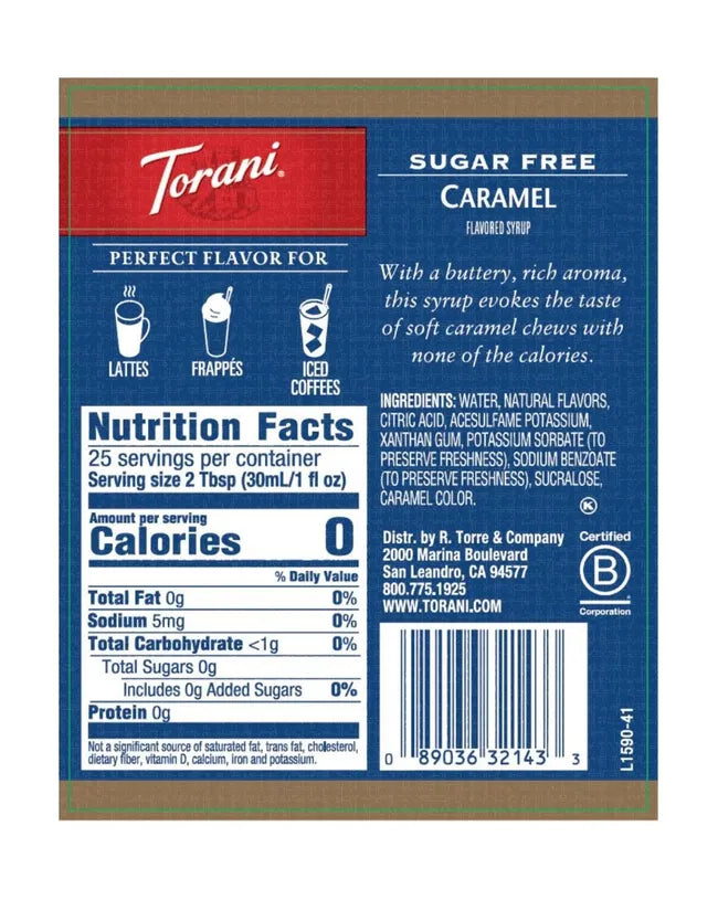 Torani Sugar Free Syrup Caramel 750ml