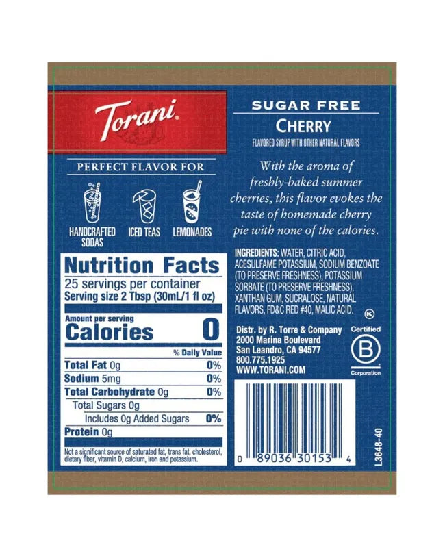 Torani Sugar Free Syrup Cherry 750ml