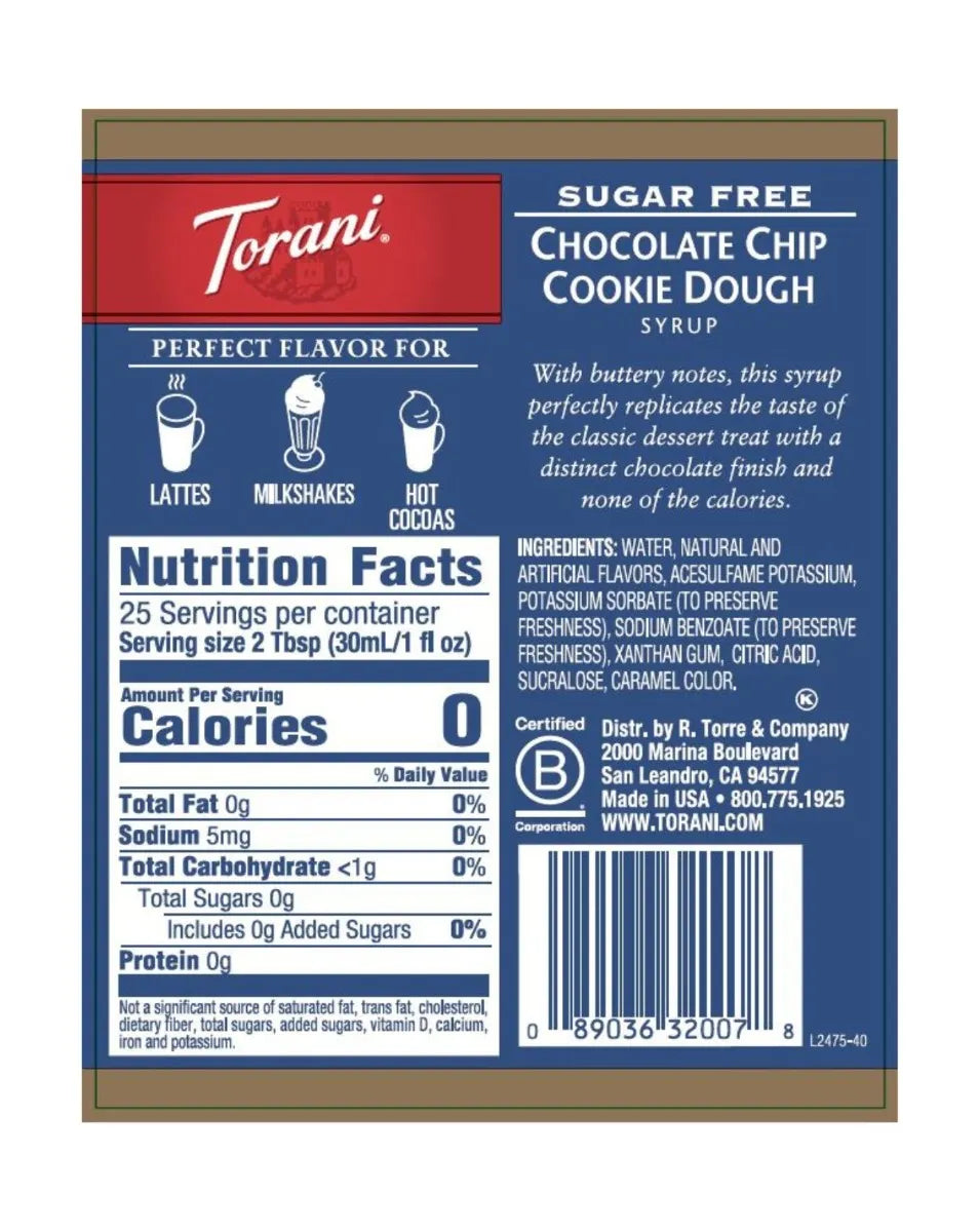 Torani Sugar Free Syrup Chocolate Chip Cookie Dough 750ml
