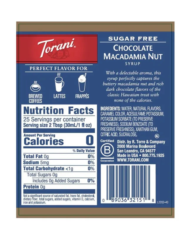 Torani Sugar Free Syrup Chocolate Macadamia Nut 750ml