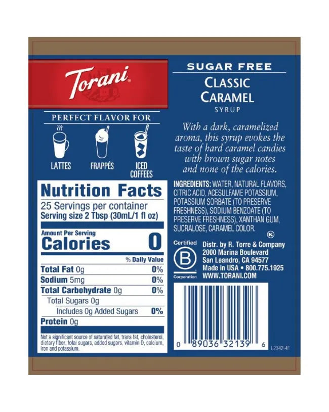 Torani Sugar Free Syrup Caramel 750ml