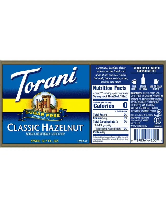 Torani Sugar Free Syrup Classic Hazelnut 375ml