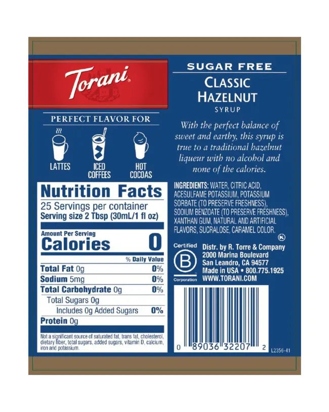 Torani Sugar Free Syrup Hazelnut Classic 750ml