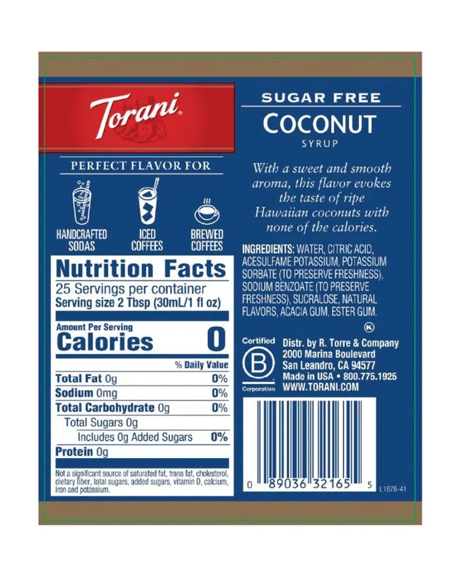 Torani Sugar Free Syrup Coconut 750ml