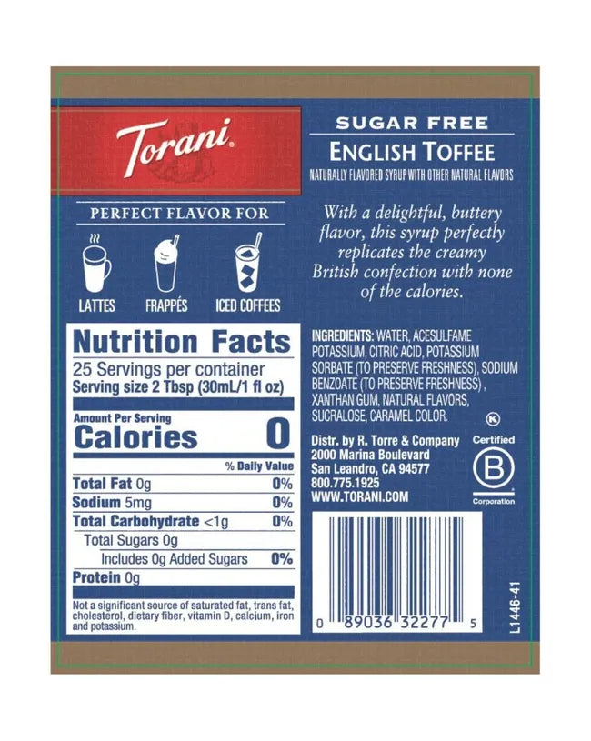 Torani Sugar Free Syrup English Toffee 750ml
