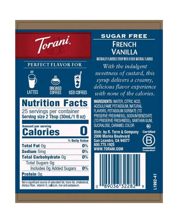 Torani Sugar Free Syrup French Vanilla 750ml