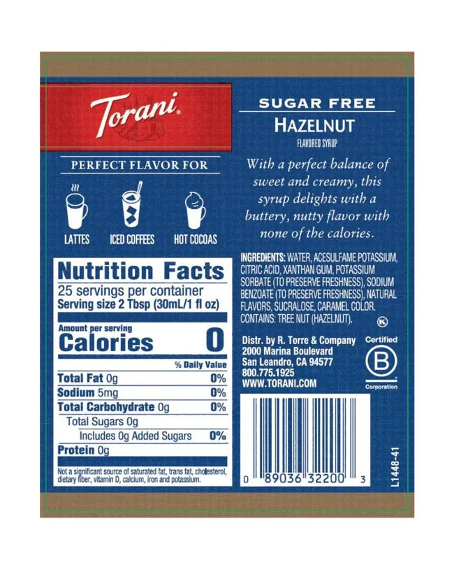 Torani Sugar Free Syrup Hazelnut Classic 750ml