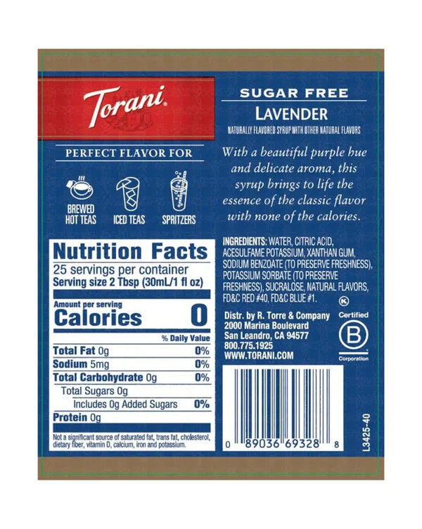 Torani Sugar Free Syrup Lavender 750ml