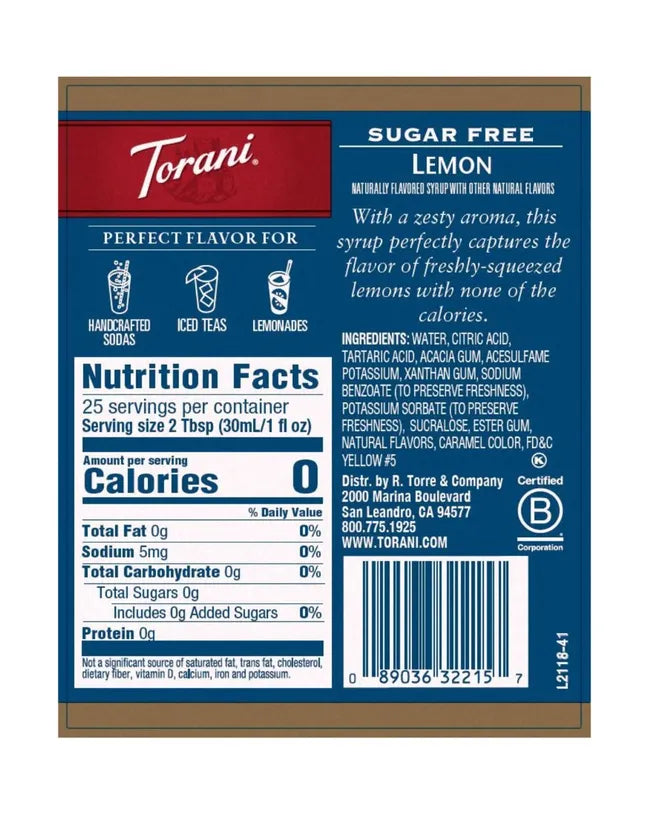 Torani Sugar Free Syrup Lemon 750ml