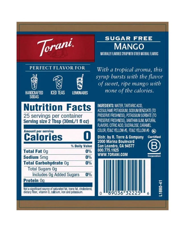Torani Sugar Free Syrup Mango 750ml