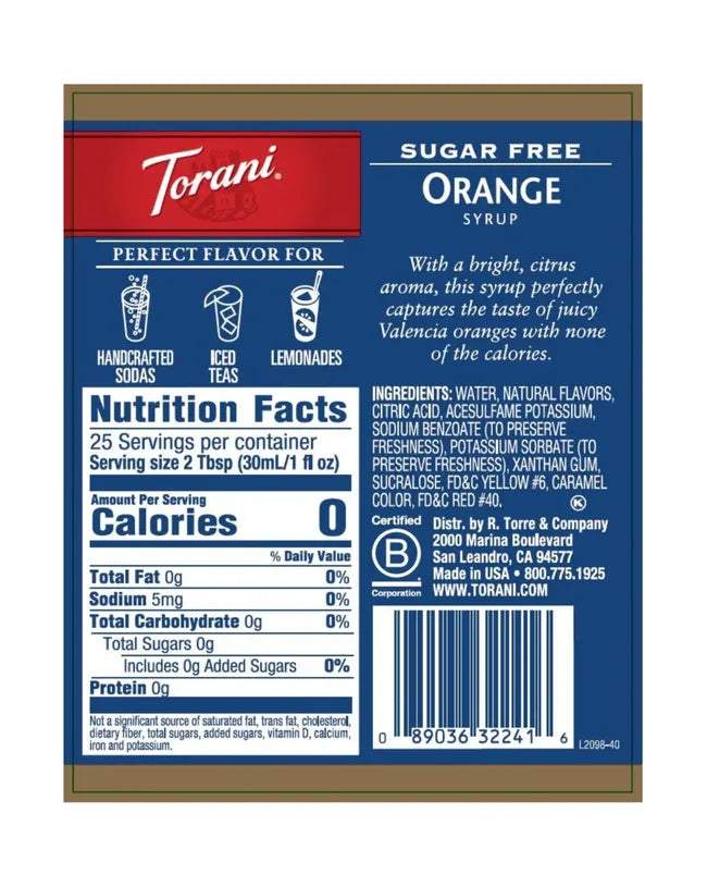 Torani Sugar Free Syrup Orange 750ml