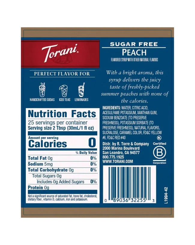 Torani Sugar Free Syrup Peach 750ml