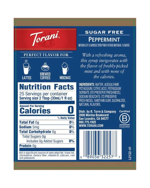 Torani Sugar Free Syrup Peppermint 750ml