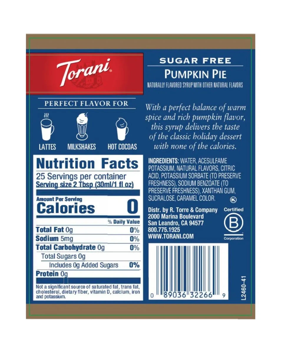 Torani Sugar Free Syrup Pumpkin Pie 750ml