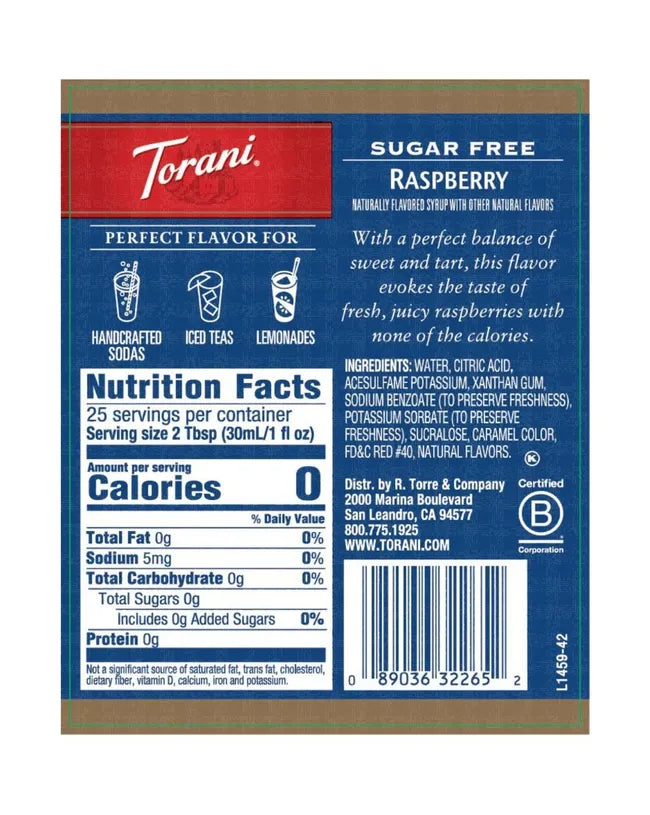 Torani Sugar Free Syrup Raspberry 750ml