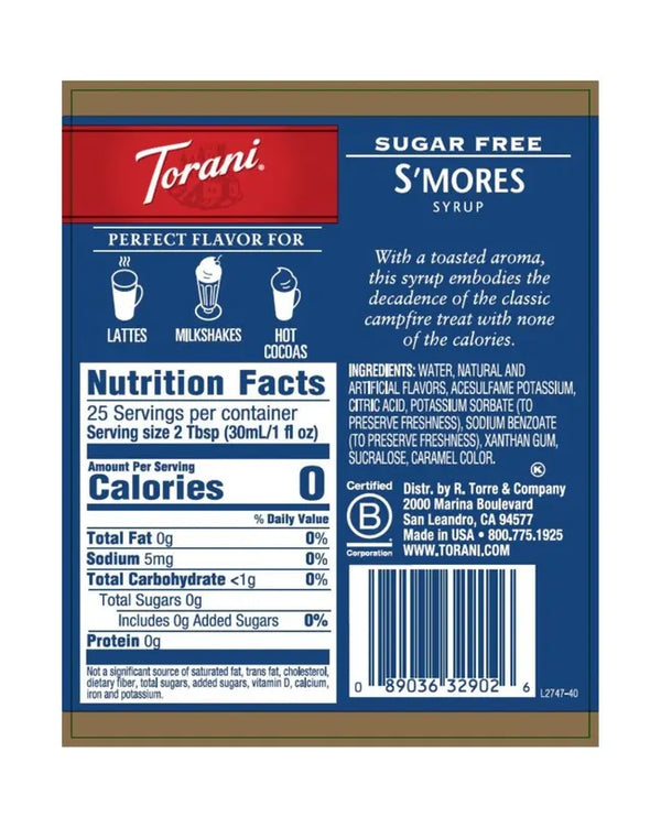 Torani Sugar Free Syrup S'Mores 750ml