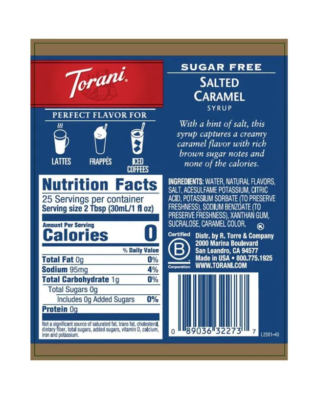 Torani Sugar Free Syrup Salted Caramel 750ml