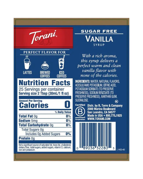 Torani Sugar Free Syrup Vanilla 750ml