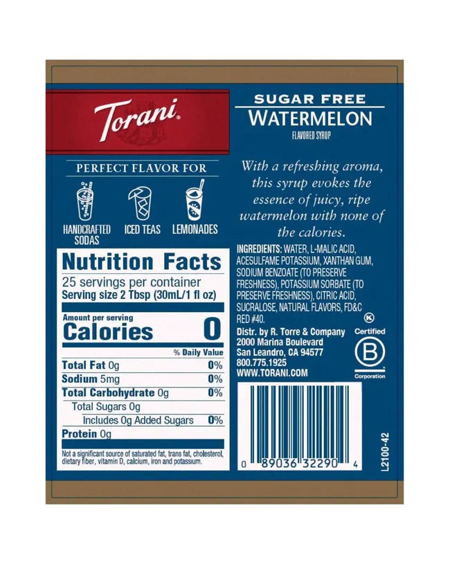 Torani Sugar Free Syrup Watermelon 750ml