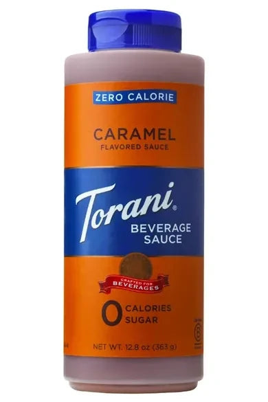 Torani Caramel Flavored Sauce container on a white background