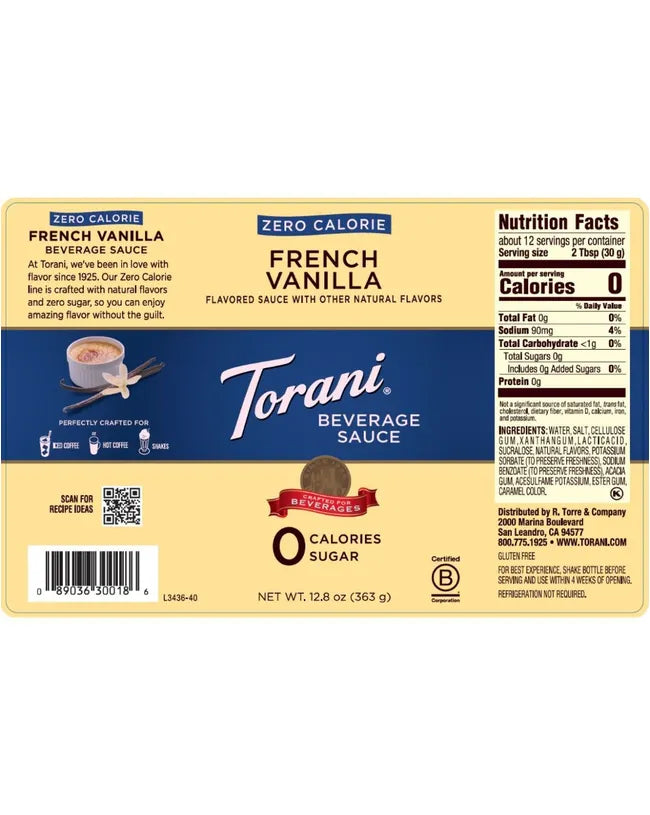Torani Zero Calorie Beverage Sauce French Vanilla 380ml
